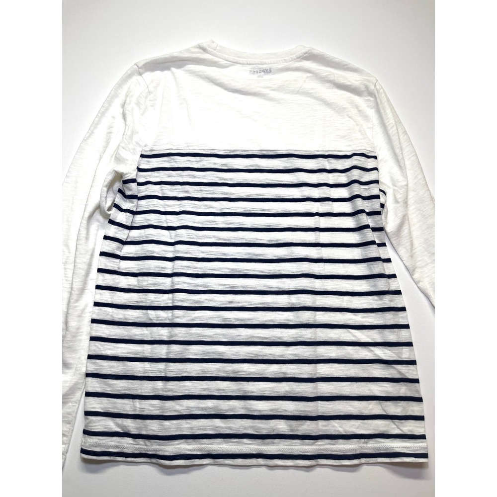 Express Mens Medium Long Sleeve Striped Pocket Crew Neck Tee White Navy Blue 320 - Picture 9 of 9